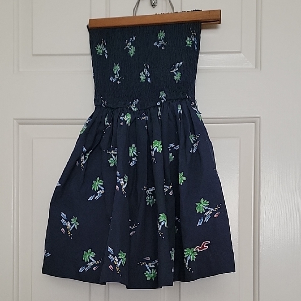 HOLLISTER Strapless Tube Short Dress Dress Women's XS Navy with Green Palm Print